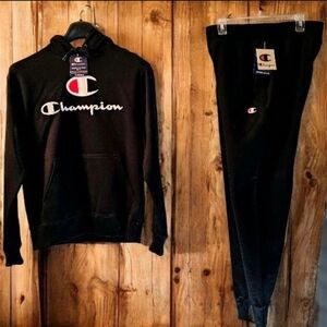 Champion Black Hoodie and Joggers Set with Red & White Logo